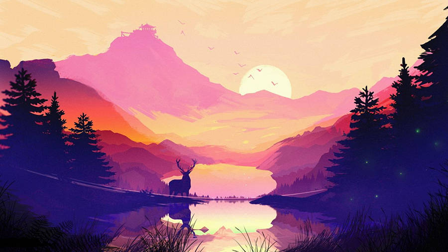 日落時分湖邊的鹿，背景有山脈和滿月。 — 1366X768 壁紙