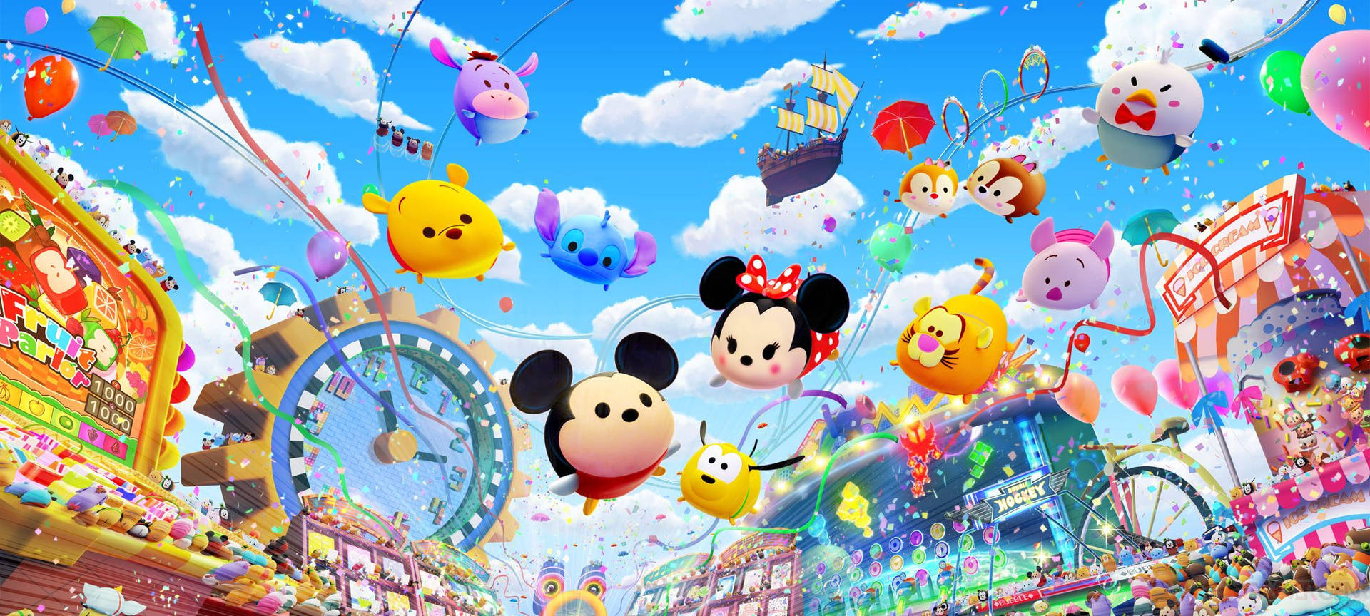 迪士尼角色在晴朗的天空下，歡樂地漂浮在熱鬧的嘉年華之上。 — Tsum tsum 壁紙