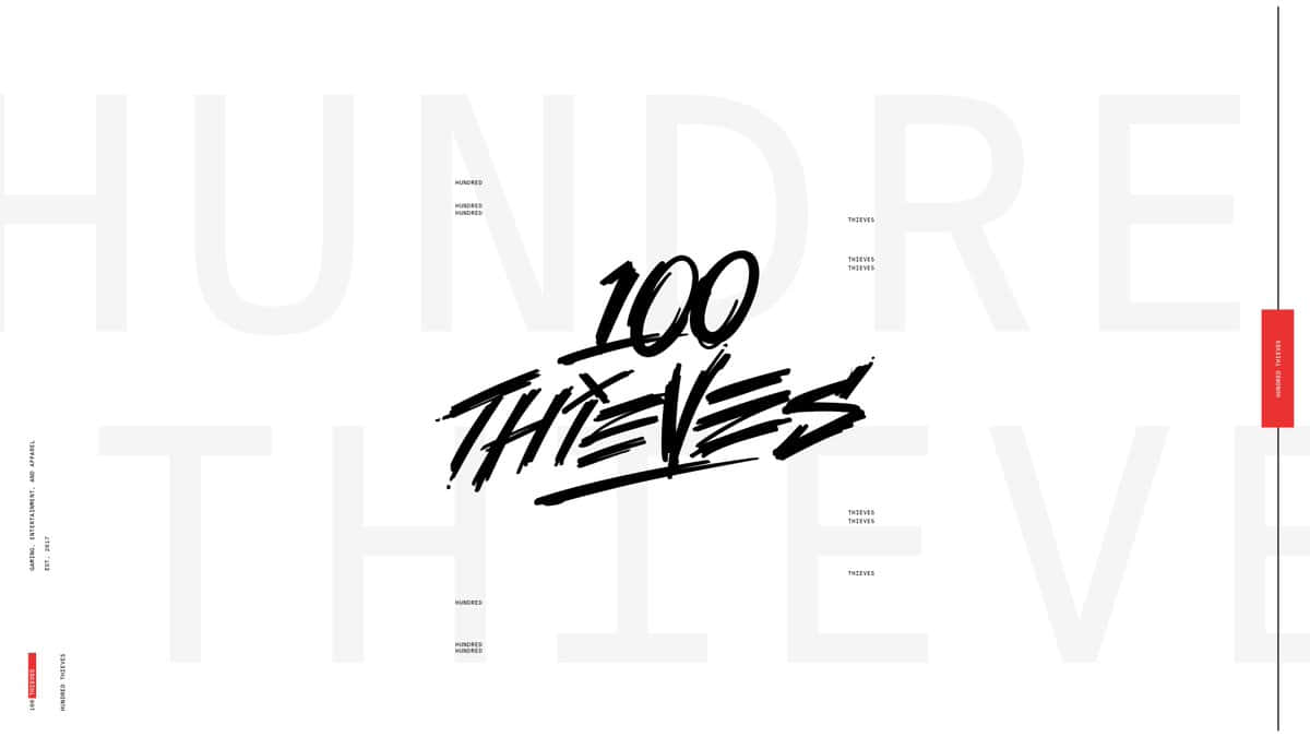 100 Thieves 桌布 壁紙 — 100 Thieves 的粗黑毛筆筆觸標誌疊加在簡約白色背景上，帶有微弱重複文字。