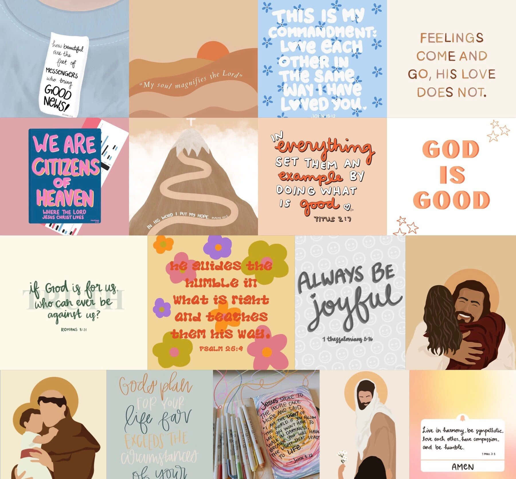 Cool Christian 桌布 壁紙 — 12幅基督教勵志插圖語錄的拼貼畫，配有柔和粉彩背景和手寫字體。