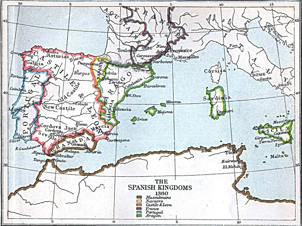 Spanish 桌布 壁紙 — 1360年復古地圖，顯示西班牙王國，彩色區域和標記城市，背景為藍色海洋。