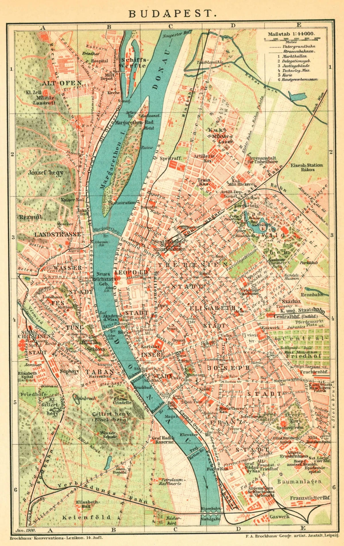 Hungary 桌布 壁紙 — 1890年代布達佩斯復古地圖，詳細街道及多瑙河以藍綠色和赭色調呈現。