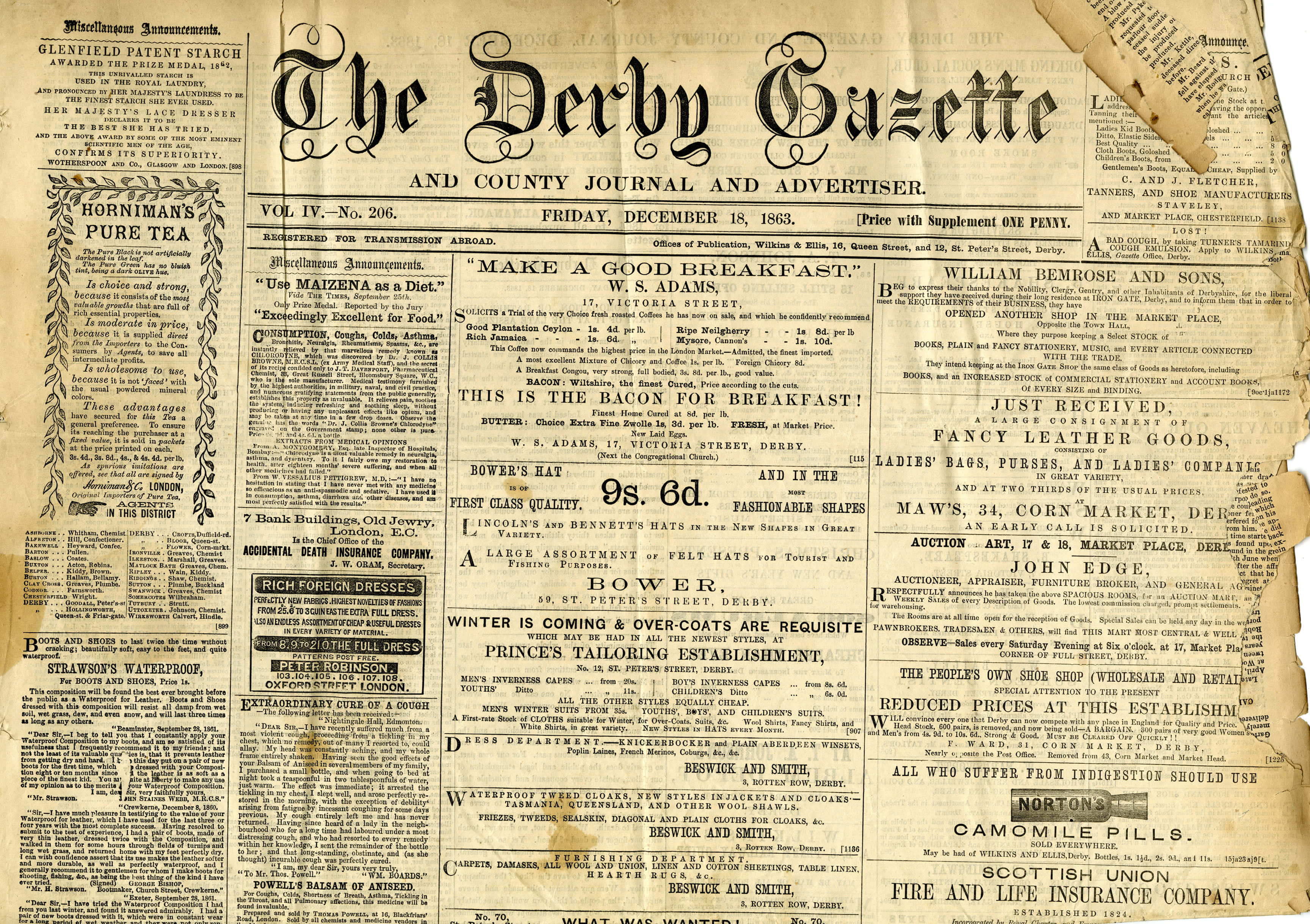 Old Newspaper 桌布 壁紙 — 1893年復古報紙頭版，帶有華麗字體和密集的茶、培根和時尚廣告。