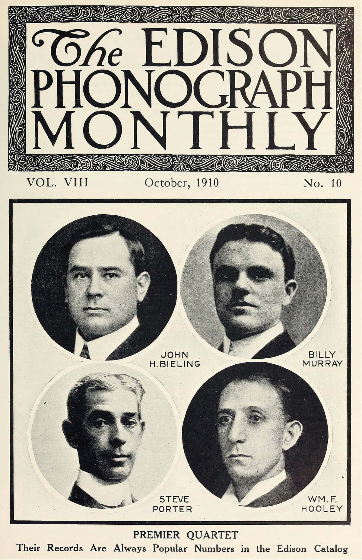 Newspaper 桌布 壁紙 — 1910年復古雜誌封面，四個身穿正式服裝的男歌手以棕褐色調肖像呈現，周圍有華麗邊框。