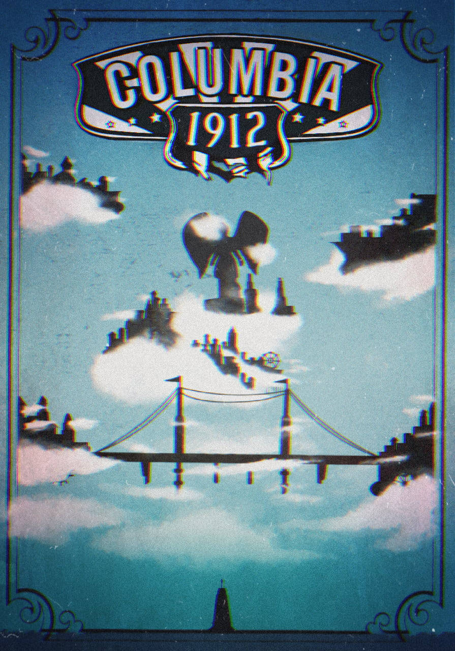 手機 桌布 壁紙 — 1912 年復古哥倫比亞海報，呈現超現實的漂浮城市景觀，橋樑和建築物懸浮在雲層中，背景為藍綠色天空。