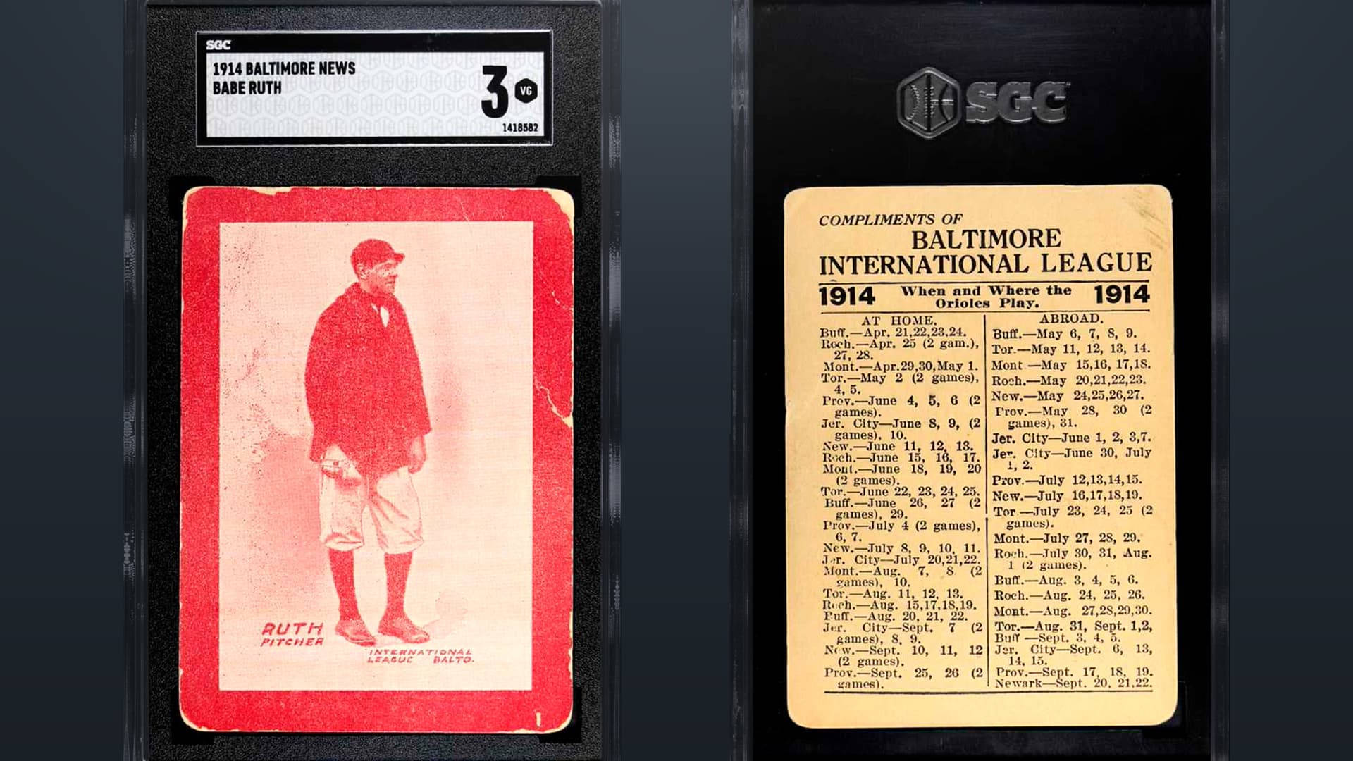 Babe 桌布 壁紙 — 1914年復古棒球卡， featuring Babe Ruth 作為投手，背面有詳細賽程，封裝在保護套中。
