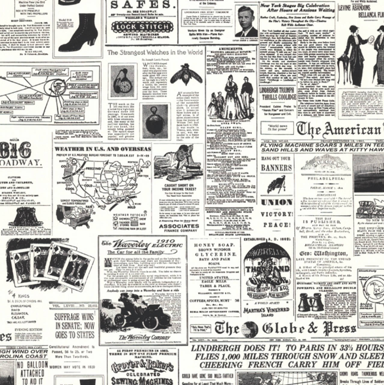 black aesthetic collage 桌布 壁紙 — 1920年代復古報紙拼貼畫，包含縫紉機、保險箱廣告，以及關於林德伯格飛行、婦女選舉權和天氣圖的頭條新聞。