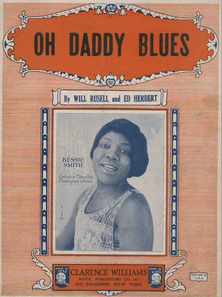 Retro 桌布 壁紙 — 1920年代復古樂譜封面《Oh Daddy Blues》，以貝西·史密斯的懷舊棕色調肖像為特色，飾以華麗的裝飾藝術邊框。