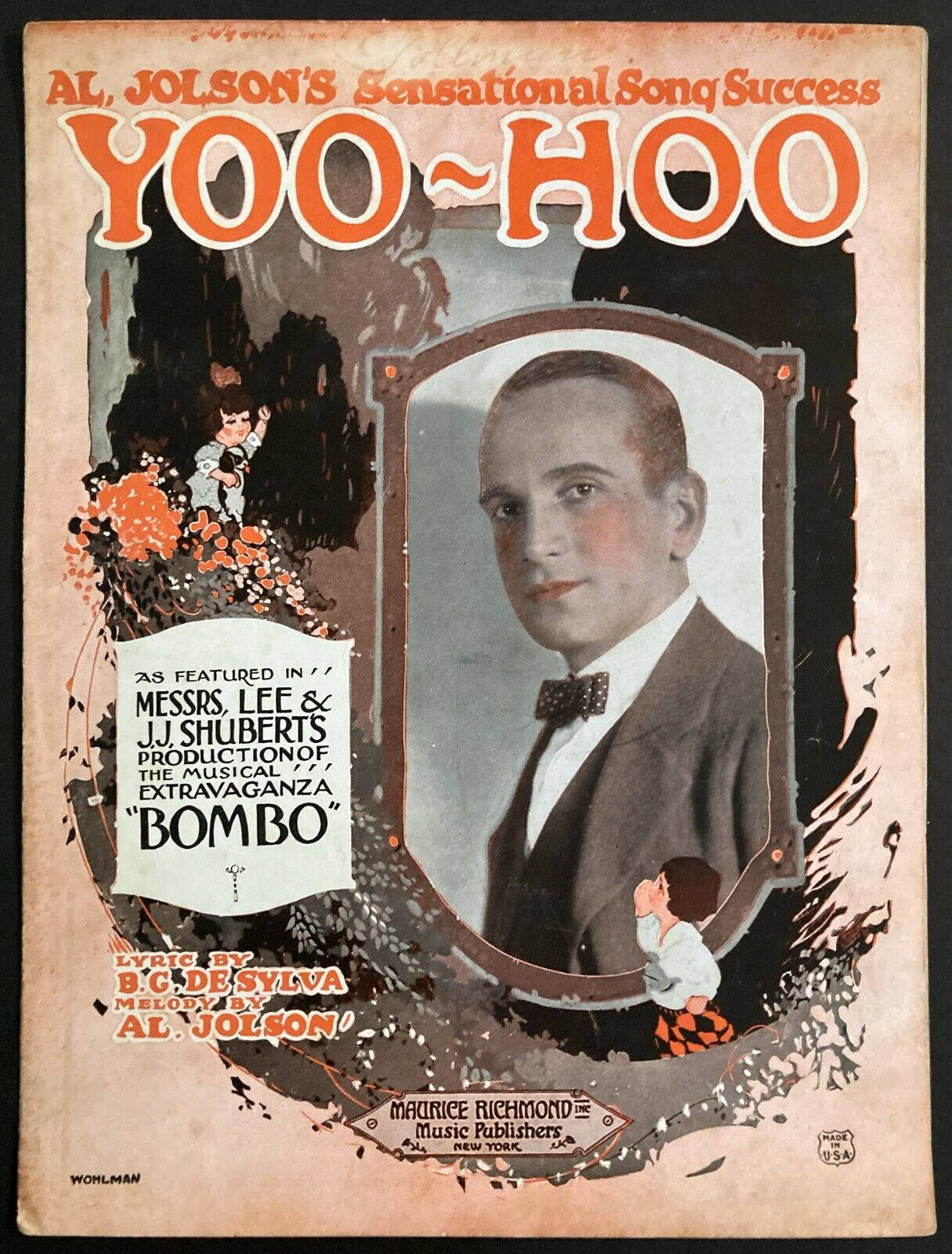 安卓 桌布 壁紙 — 1920年代復古樂譜封面，收錄Al Jolson的《Yoo-Hoo》， featuring 他的肖像和華麗花卉插圖。