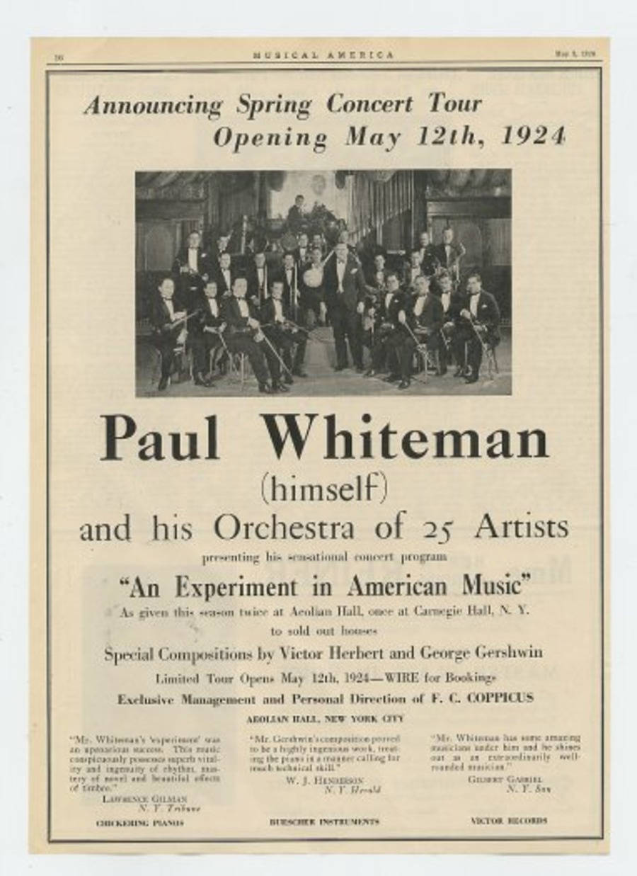 音樂 桌布 壁紙 — 1924年復古報紙廣告，宣傳Paul Whiteman樂團音樂會巡演，附有樂隊穿著正式服裝的黑白照片。