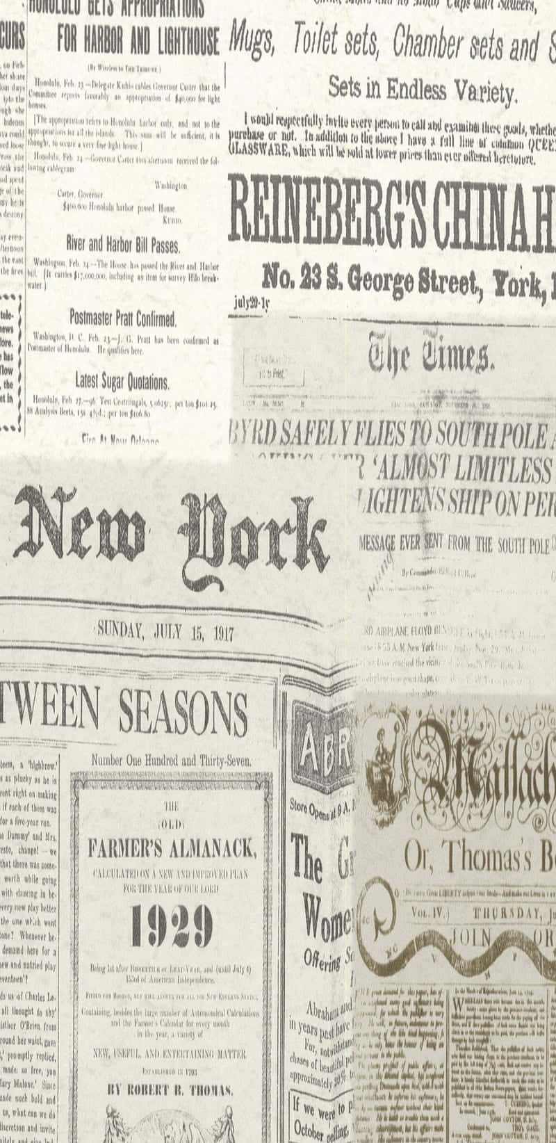 Vintage Newspaper 桌布 壁紙 — 1929年復古報紙拼貼，包含《紐約時報》及其他期刊的標題，文字密集，字體華麗。