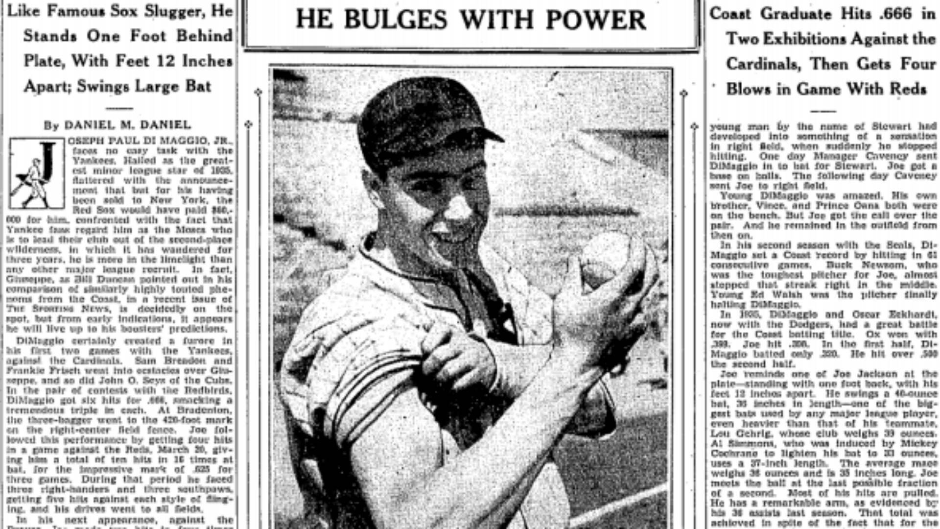 Joe Dimaggio 桌布 壁紙 — 1930年代復古報紙剪報，以戲劇性標題和詳細統計數據，突顯棒球手喬·迪馬吉奧破紀錄的全壘打壯舉。