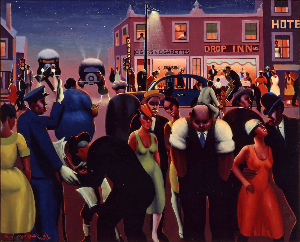 Black Culture 桌布 壁紙 — 1930年代繁華的夜晚街景，有行人、汽車和霓虹燈，星空下。