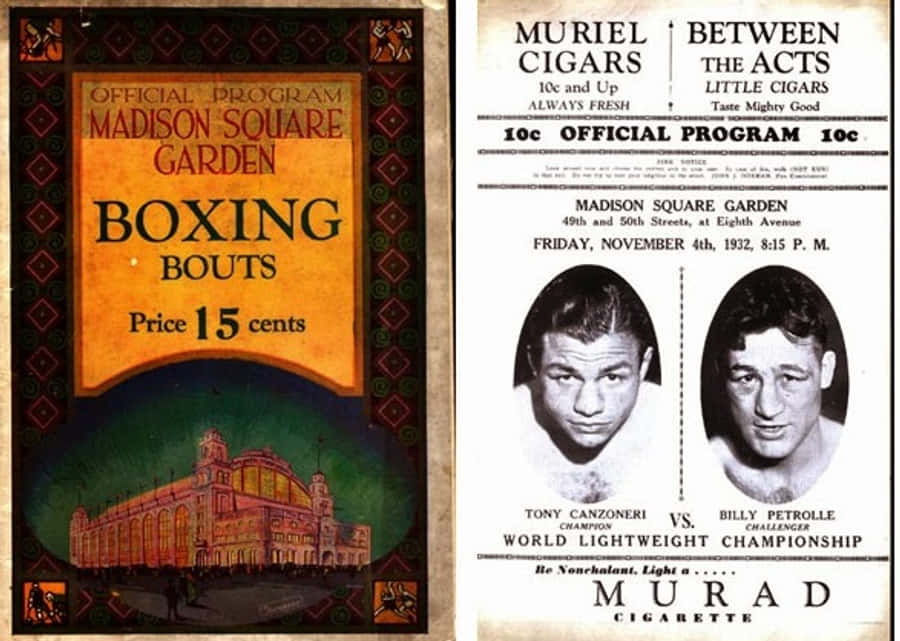 Fight 桌布 壁紙 — 1932年麥迪遜廣場花園拳擊比賽節目復古封面， featuring Tony Canzoneri 和 Billy Petrolle 的肖像，為世界輕量級冠軍爭奪戰。