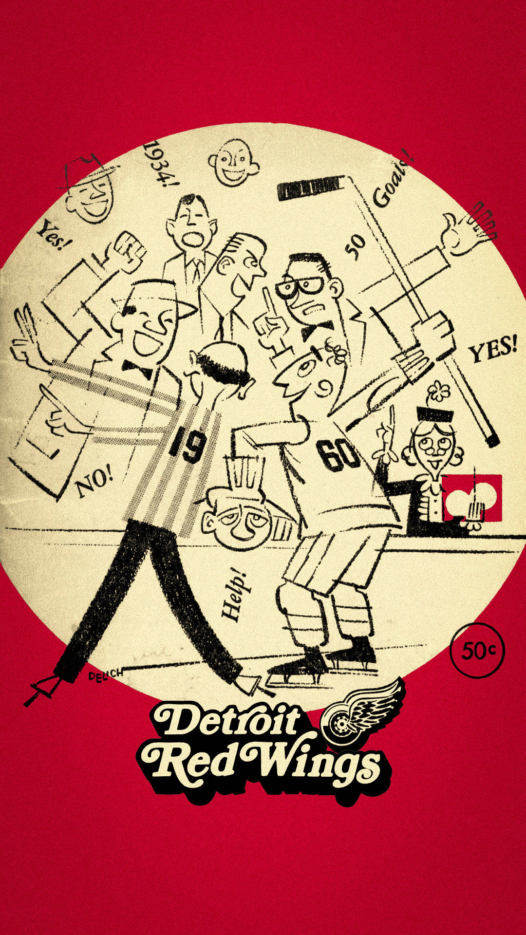 detroit 桌布 壁紙 — 1934年底特律紅翼隊復古曲棍球海報，卡通球員和球迷在鮮紅色背景上歡呼。
