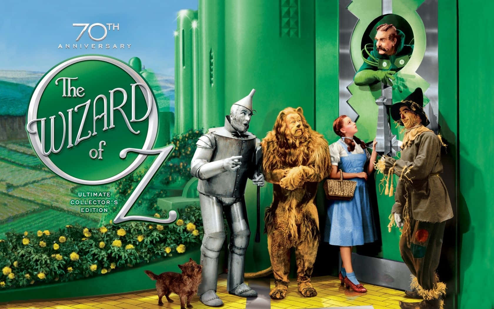 wizard of oz 桌布 壁紙 — 1939年經典電影海報，桃樂絲和她的同伴站在通往翡翠城綠色大門的黃磚路上。