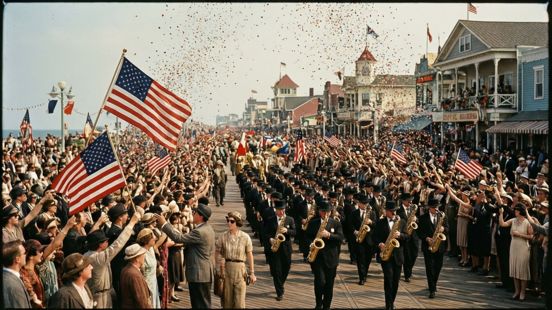 Boardwalk Empire 桌布 壁紙 — 1940年代在木製木板路上舉行的充滿活力的遊行，有軍樂隊演奏薩克斯風，人群在飄落的五彩紙屑中揮舞美國國旗。