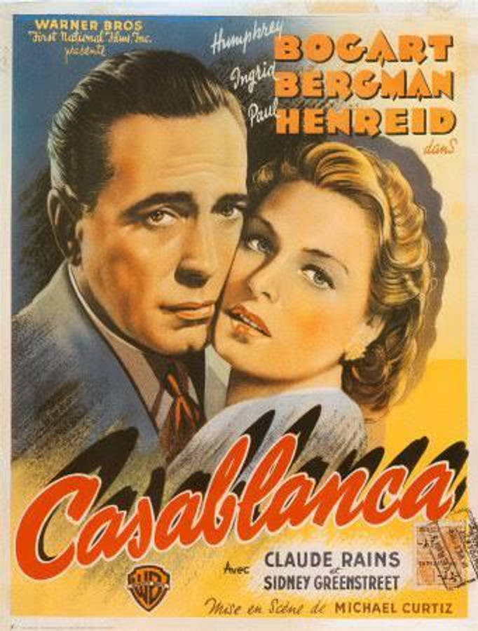 Casablanca 桌布 壁紙 — 1940年代《北非諜影》復古電影海報，亨弗萊·鮑嘉和英格麗·褒曼戲劇性特寫，配以粗體字型。