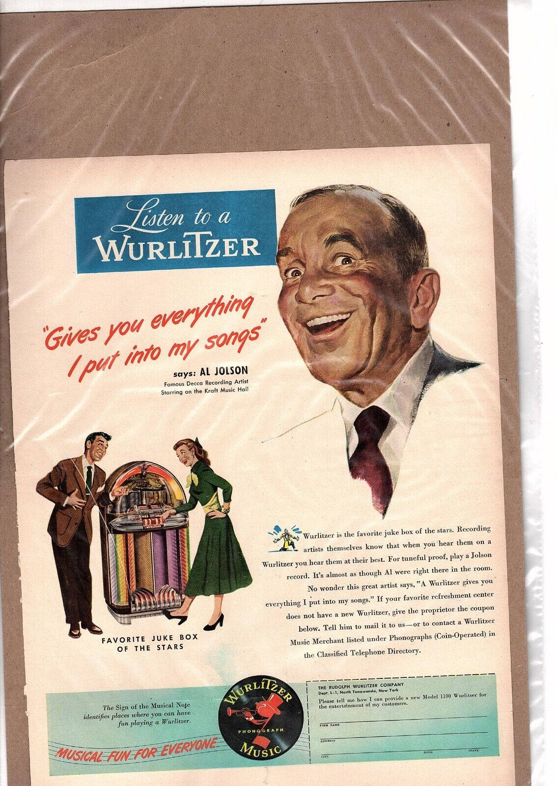 雙螢幕桌布 桌布 壁紙 — 1940年代復古Wurlitzer點唱機廣告，展示Al Jolson微笑肖像及一對情侶在色彩繽紛的機器旁跳舞。