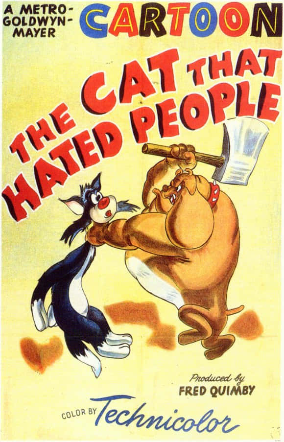 The Wacky World Of Tex Avery 桌布 壁紙 — 1940年代復古卡通海報，展示一隻黑白貓在黃色背景前躲避一隻揮舞斧頭的棕熊。