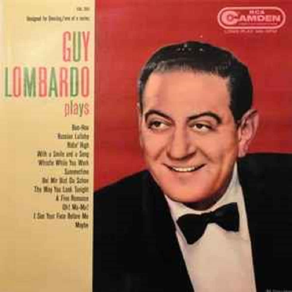 Album Cover 桌布 壁紙 — 1940年代復古專輯封面，微笑音樂家Guy Lombardo身穿燕尾服，紅色背景附歌曲列表。