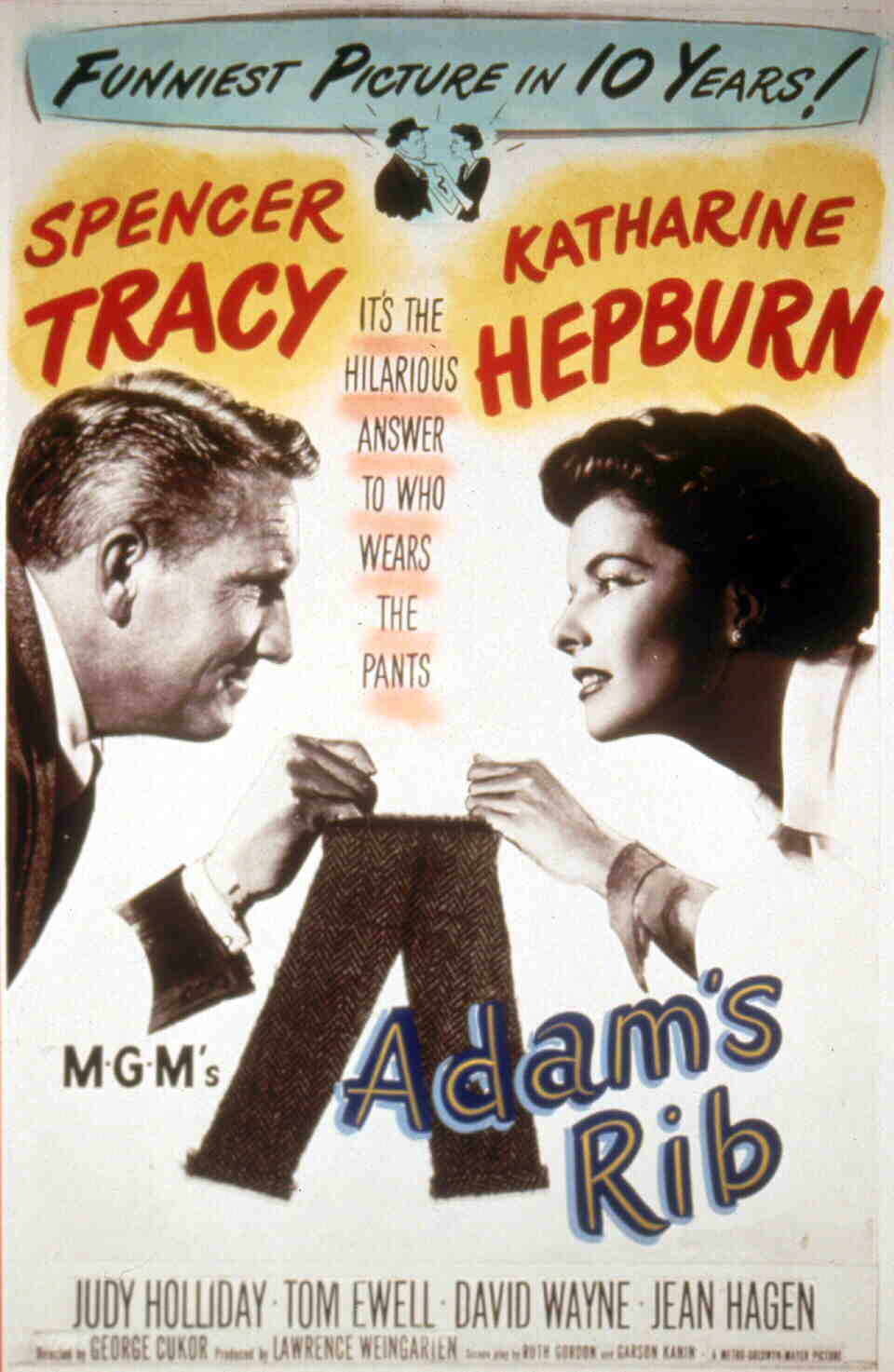 電影動圖 桌布 壁紙 — 1940年代復古電影海報《Adam's Rib》，史賓塞·屈賽和凱瑟琳·赫本俏皮地舉起褲子，配以粗體紅色字體和MGM品牌標誌。