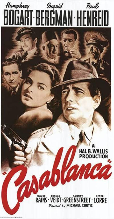Casablanca 桌布 壁紙 — 1940年代復古電影海報《北非諜影》，亨弗萊·鮑嘉手持槍支，戲劇性的棕褐色調和粗體紅色標題。