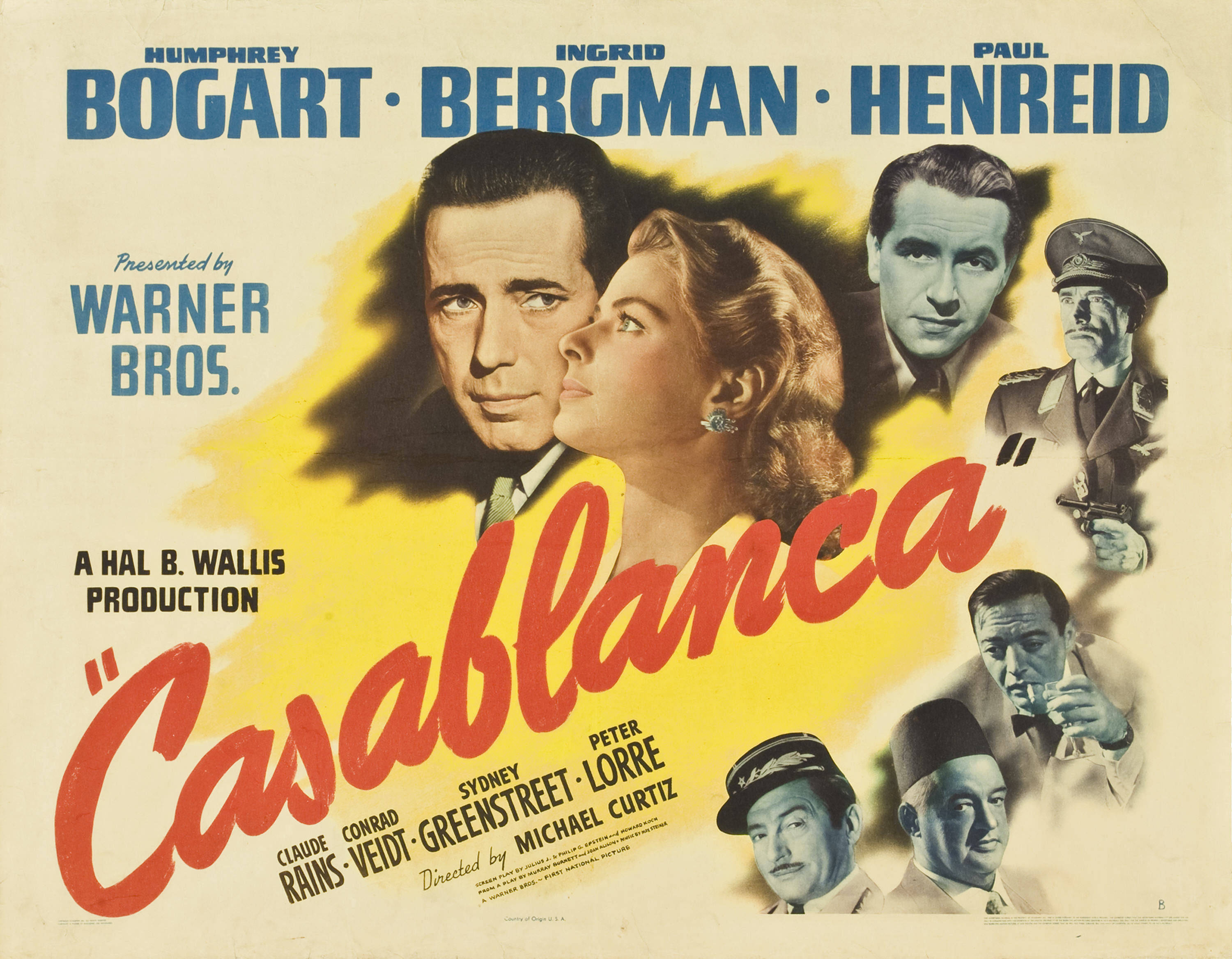 Casablanca 桌布 壁紙 — 1940年代復古電影海報，為《北非諜影》設計， featuring Humphrey Bogart 和 Ingrid Bergman，背景為大膽的黃色，標題為紅色。