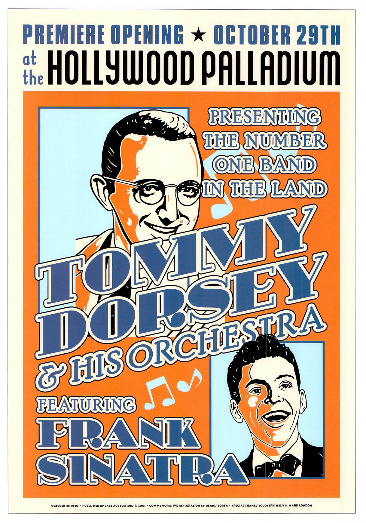 音樂 桌布 壁紙 — 1940年代復古音樂會海報，Tommy Dorsey and His Orchestra 與 Frank Sinatra 在好萊塢帕拉丁劇院演出，採用大膽的橙藍色字體和風格化肖像。
