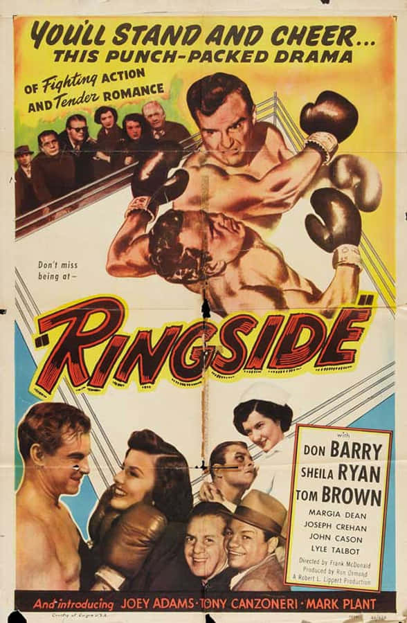Flyers 桌布 壁紙 — 1940年代拳擊電影《Ringside》的復古海報，展示擂台上肌肉發達的拳手、歡呼的人群和演員名單。