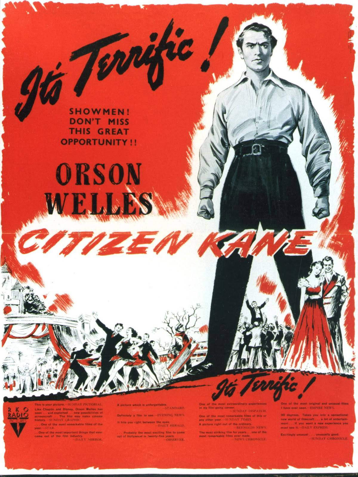 Citizen Kane 桌布 壁紙 — 1941年《大國民》復古電影海報，奧森威爾斯主演，大膽紅黑設計，戲劇性群眾場面。