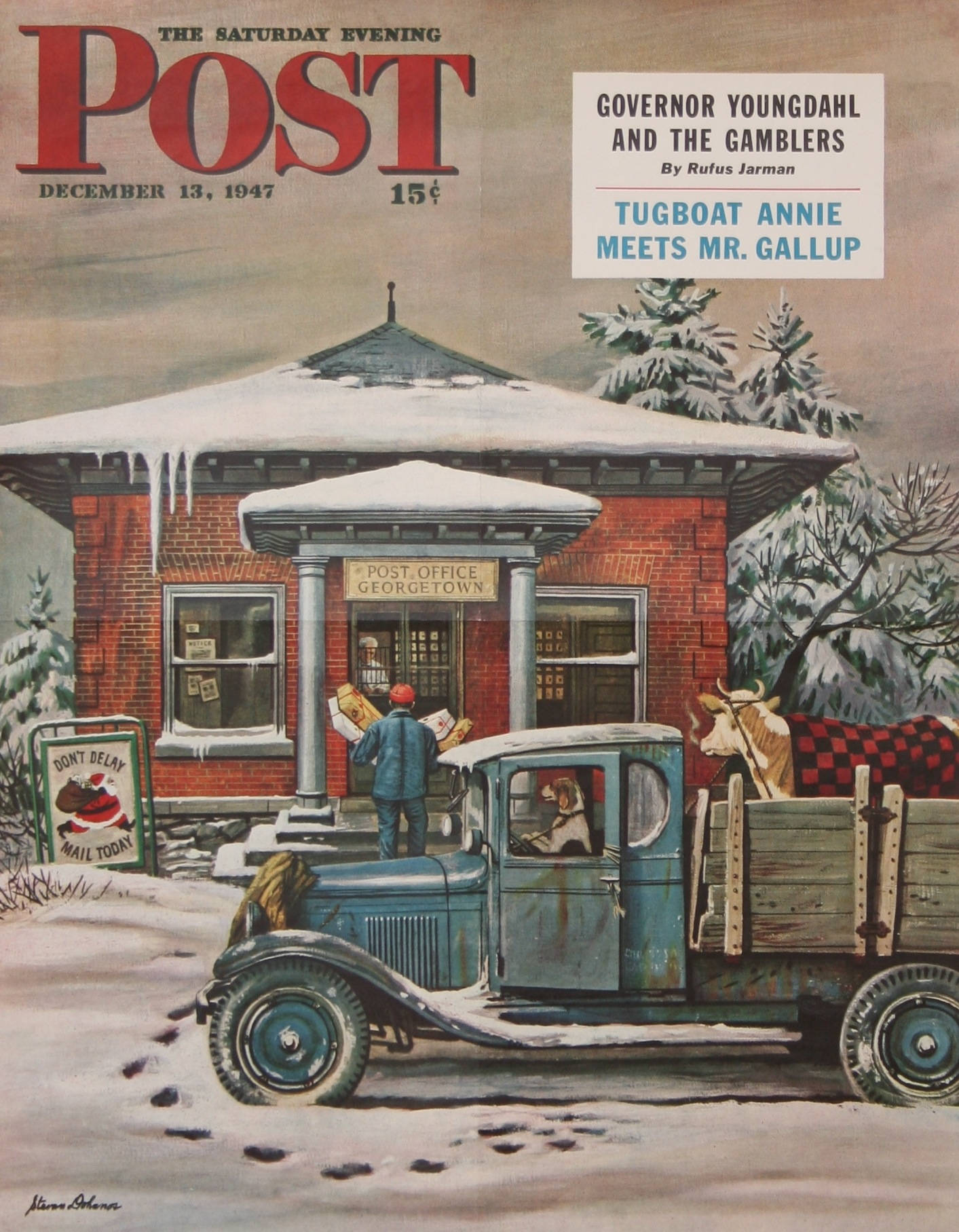 Post Office 桌布 壁紙 — 1947年復古插圖，描繪一個被雪覆蓋的磚造郵局，外面停著一輛藍色卡車和一頭牛。