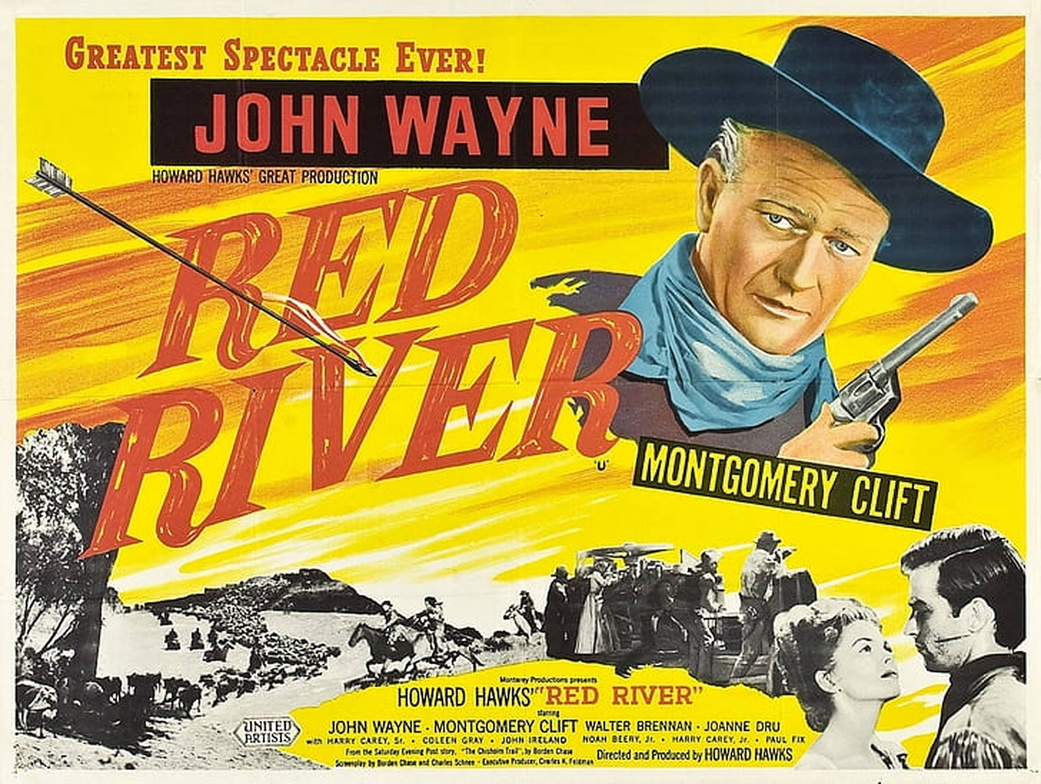 John Wayne 桌布 壁紙 — 1948年西部電影《紅河》的復古海報， featuring John Wayne 戴著牛仔帽，在火黃色背景前手持左輪手槍。