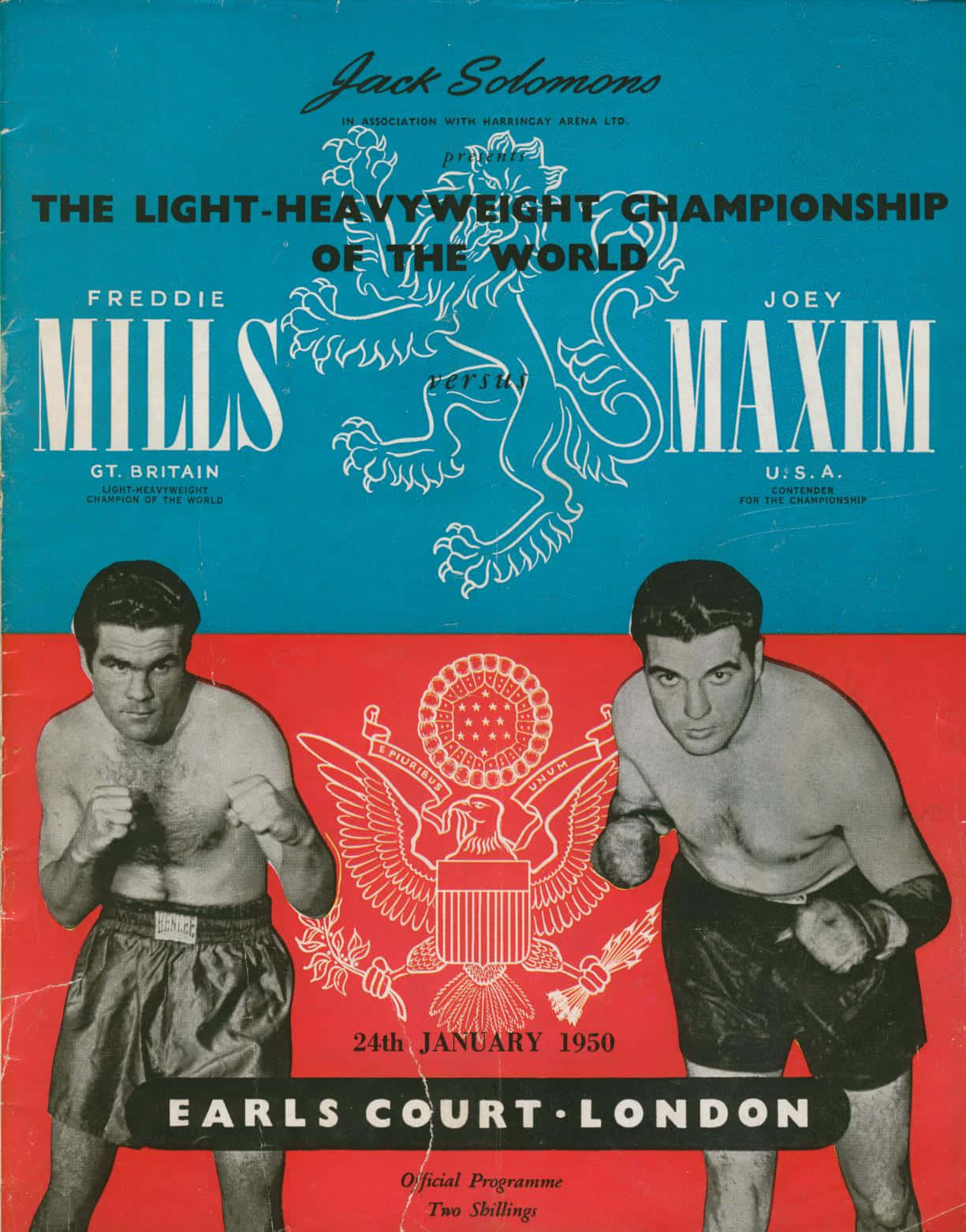 Boxing 桌布 壁紙 — 1950年Freddie Mills對Joey Maxim的復古拳擊海報，採用大膽紅藍字體及中央鷹徽。