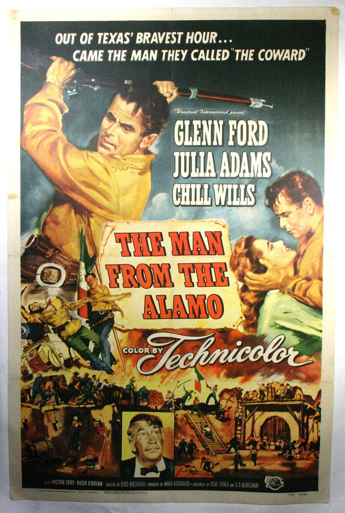 電影動圖 桌布 壁紙 — 1950年代Technicolor復古電影海報《來自阿拉莫的男人》， featuring Glenn Ford 高舉步槍，下方有戲劇性的動作場面。