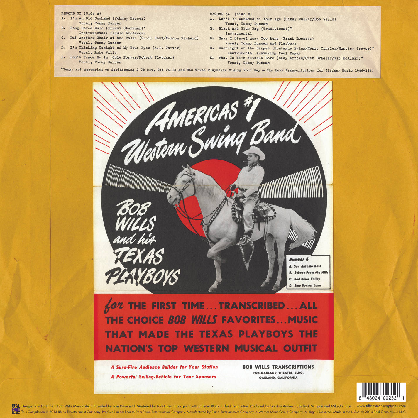 Entertainment 桌布 壁紙 — 1950年代復古唱片專輯封面，Bob Wills and his Texas Playboys，以紅色圓圈為背景，騎馬的牛仔。