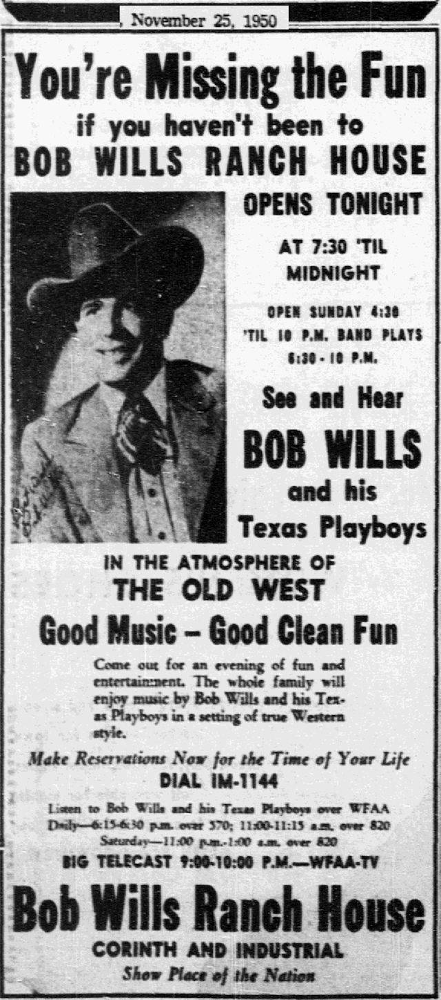 Entertainment 桌布 壁紙 — 1950年代復古報紙廣告，Bob Wills Ranch House，展示一位戴帽微笑的牛仔推廣現場音樂和舞蹈。