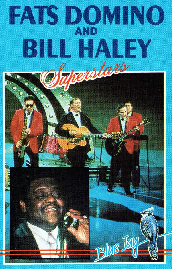 音樂 桌布 壁紙 — 1950年代復古音樂會海報， featuring Fats Domino 和 Bill Haley 與樂隊在明亮舞台燈光下表演。