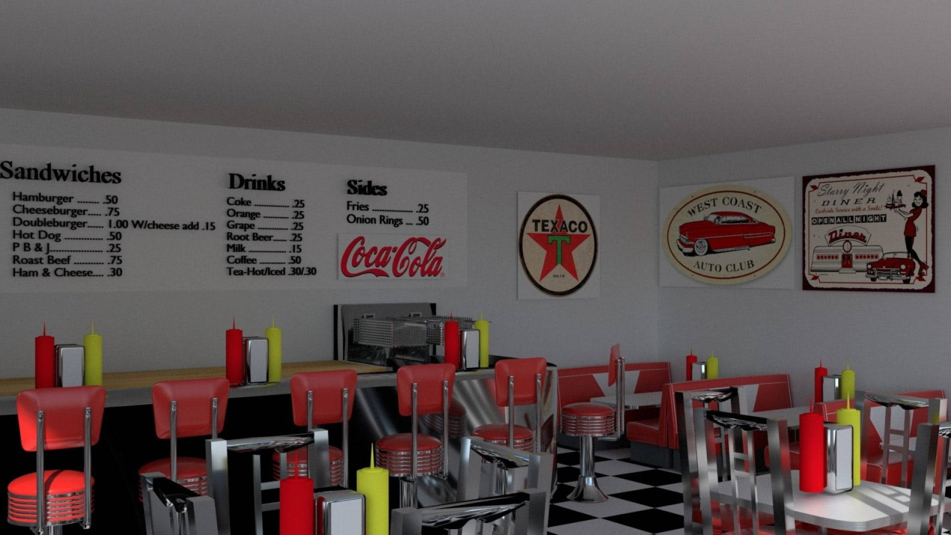Diner 桌布 壁紙 — 1950年代復古餐廳內部，設有紅色吧凳、鉻合金桌子、棋盤格地板，以及宣傳食物、飲料和Texaco的復古牆牌。