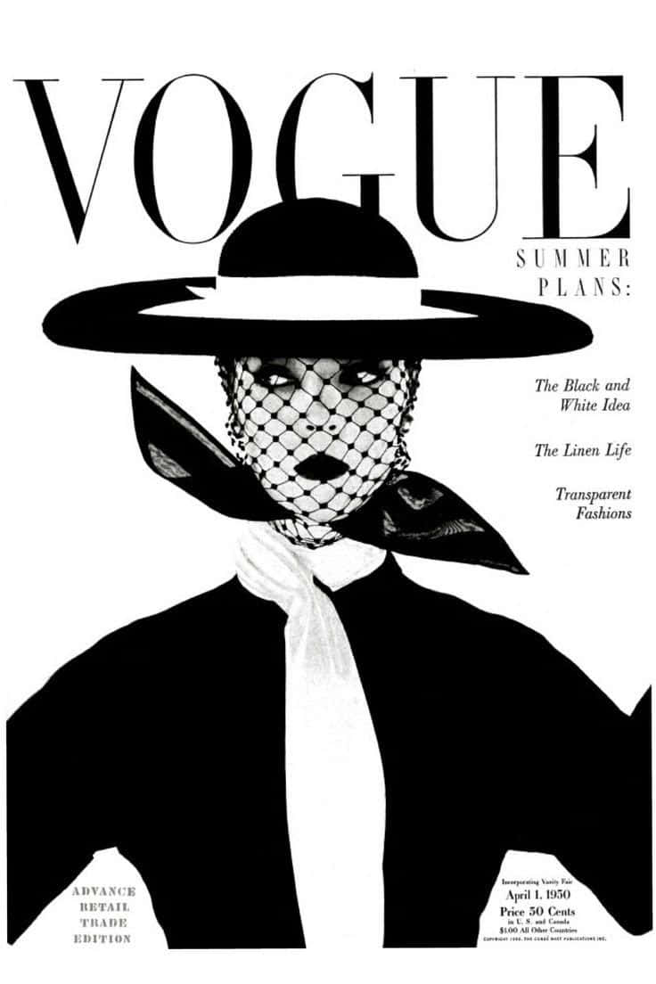 雜誌 桌布 壁紙 — 1950年大膽的黑白Vogue封面， featuring 一位戴寬邊帽和魚網面紗的女性。