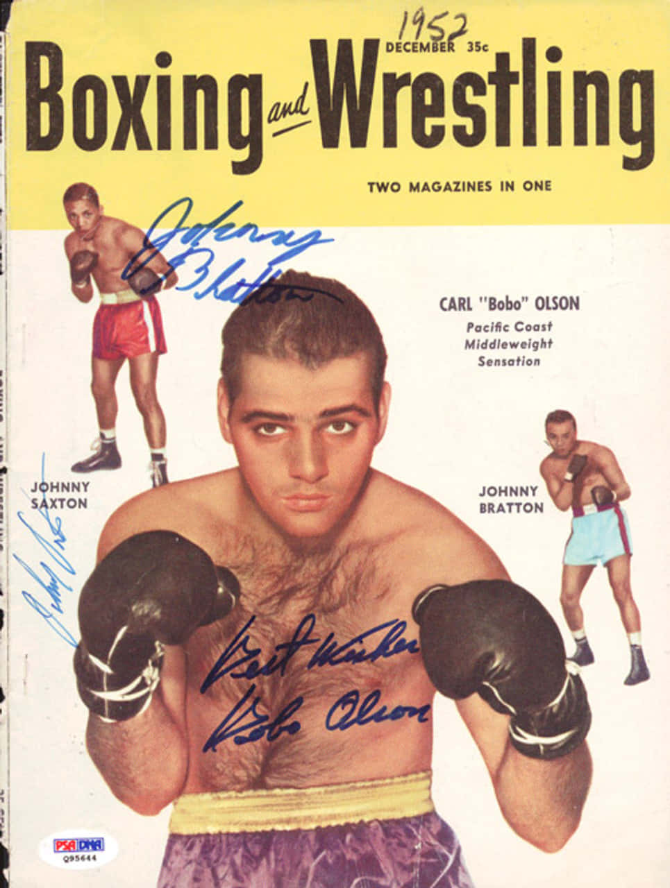 復古 桌布 壁紙 — 1952年復古拳擊雜誌封面， featuring 拳擊手 Carl 'Bobo' Olson 帶有簽名，以及另外兩名拳手，採用經典中世紀插圖風格。