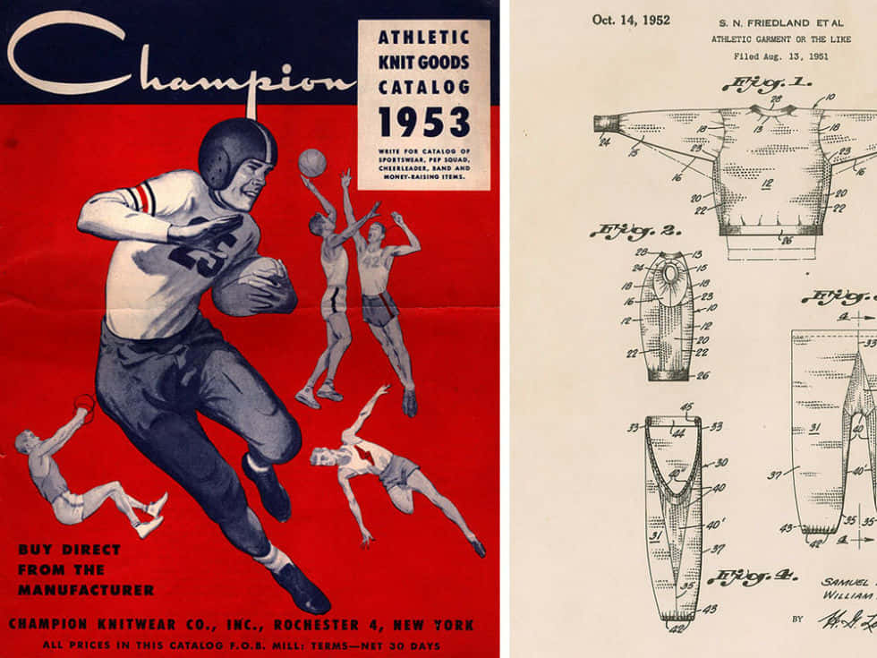 Champion 桌布 壁紙 — 1953年復古Champion運動用品目錄封面，動感足球員插圖旁邊是運動服裝專利圖紙。