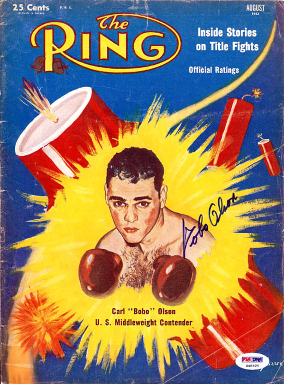 Boxing 桌布 壁紙 — 1953年復古拳擊雜誌封面， featuring Carl 'Bobo' Olsen，以爆炸性紅黃圖案搭配深藍色背景。