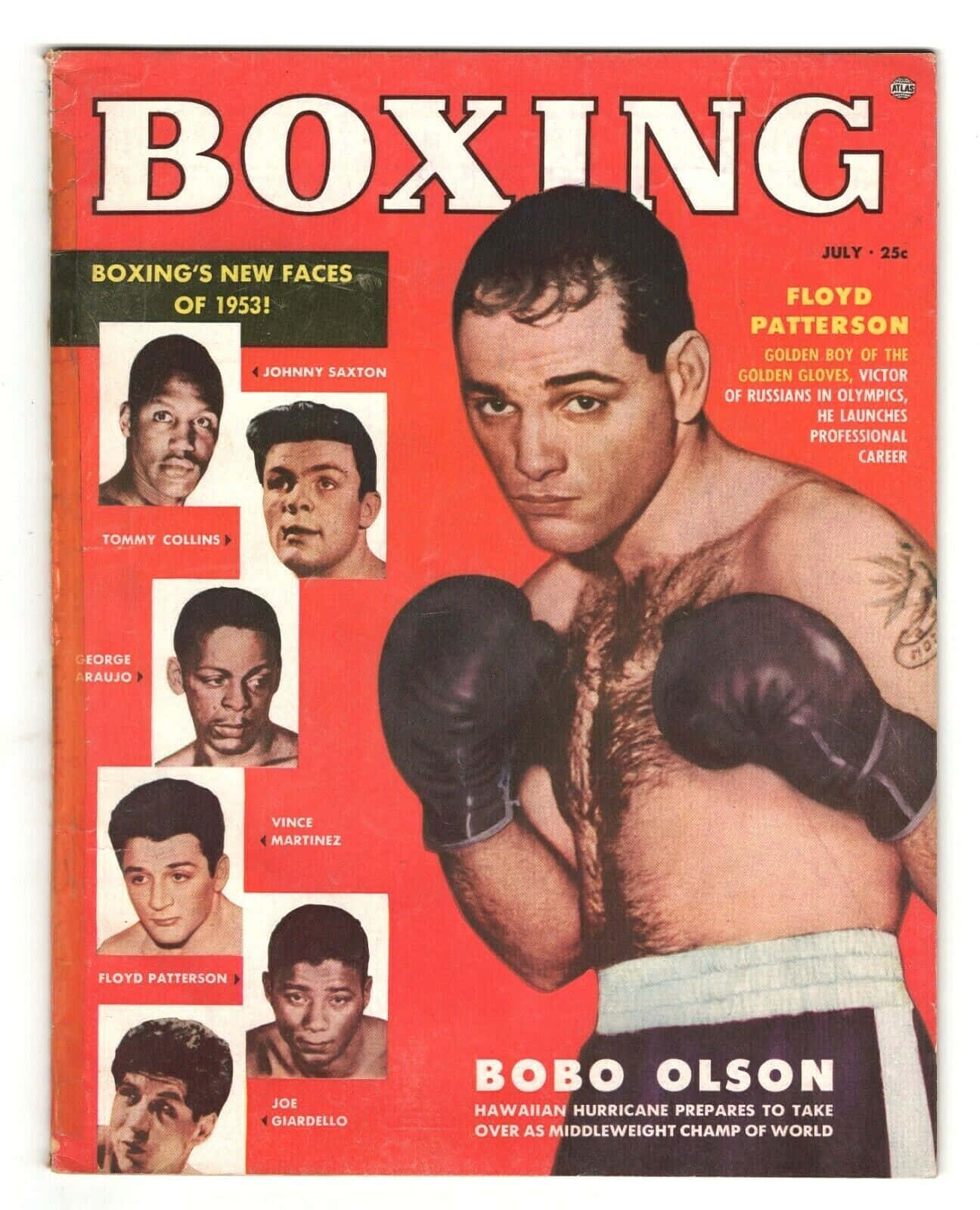 Boxing 桌布 壁紙 — 1953年復古拳擊雜誌封面， featuring Floyd Patterson 戴著手套，紅色背景上有其他拳手的肖像。