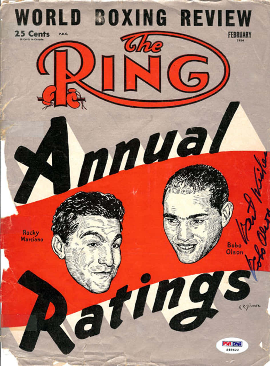 雜誌 桌布 壁紙 — 1954年復古拳擊雜誌封面，以粗體紅色和黑色字體展示Rocky Marciano和Bobo Olson。