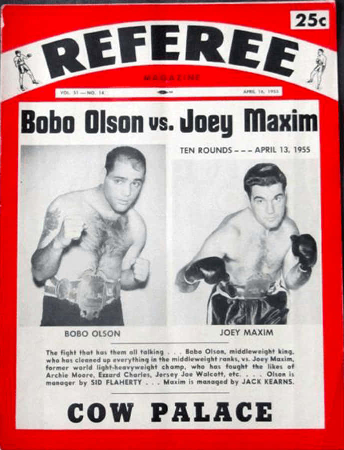 Boxing 桌布 壁紙 — 1955年復古拳擊雜誌封面，以黑白和紅色邊框展示拳擊手Bobo Olson和Joey Maxim。