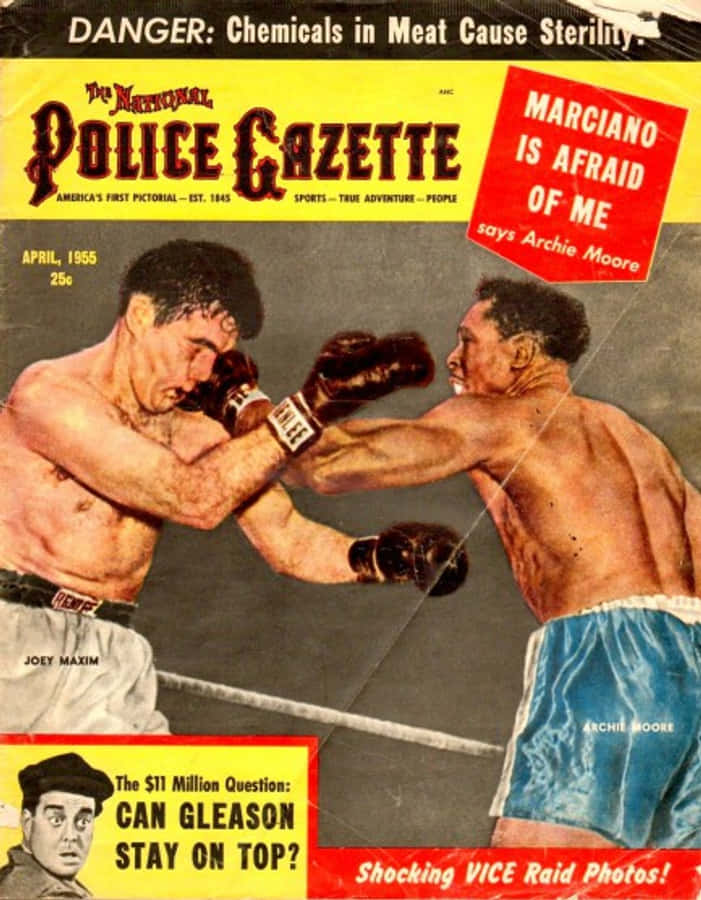 Boxing 桌布 壁紙 — 1955年復古拳擊雜誌封面，展示兩名拳擊手在 gritty 擂台上出拳的瞬間，並帶有聳人聽聞的標題。