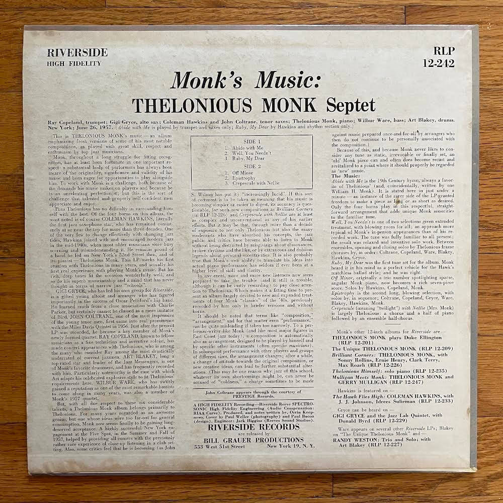 電腦 桌布 壁紙 — 1957年復古Riverside Records專輯封面，Thelonious Monk的七重奏，粗體字體和爵士音樂家致謝名單。