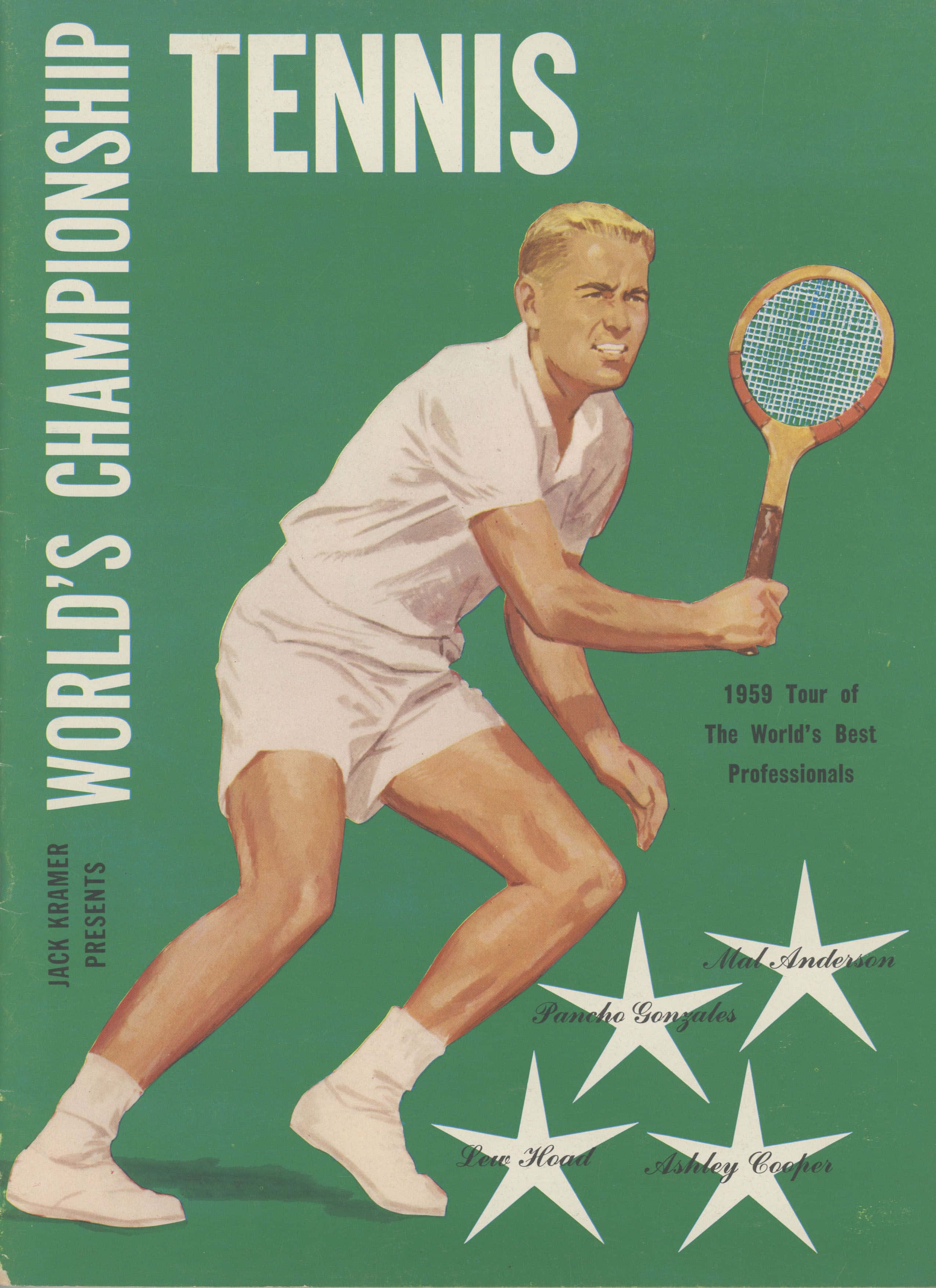 Magazine 桌布 壁紙 — 1959年復古網球海報，展示一名肌肉發達的球員穿著白色裝備，手持木製球拍在純綠色背景上做出弓步動作。