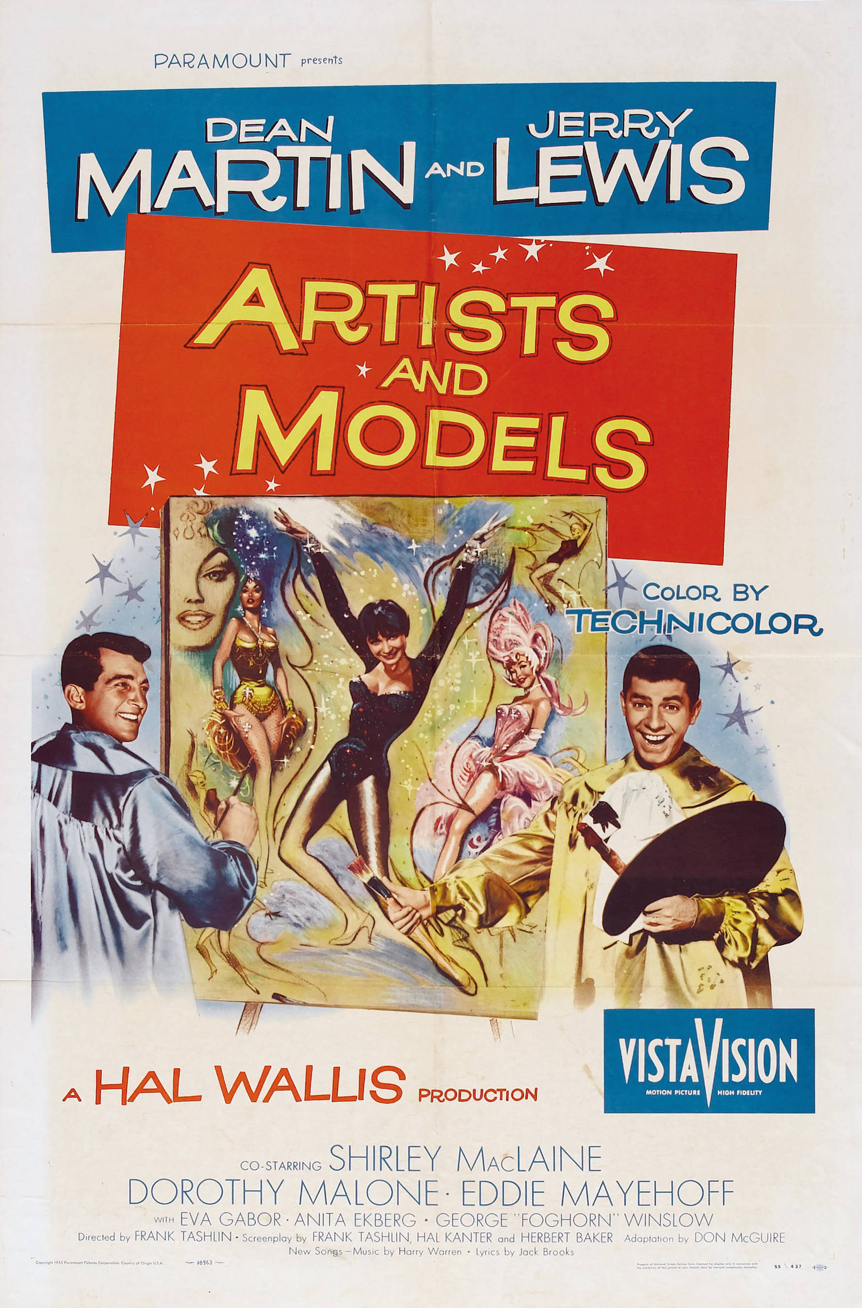 Entertainment 桌布 壁紙 — 1960年代復古電影海報，為《Artists and Models》 featuring Dean Martin 和 Jerry Lewis，色彩繽紛的Technicolor插圖描繪魅力模特兒。